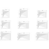 A grid of nine white rectangular shower trays shown from an angled top-down view, each with dimension labels around the edges on a plain white background.