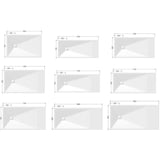 A grid of nine white shower trays with dimension labels and arrows, showing different width and depth measurements on a light gray background.