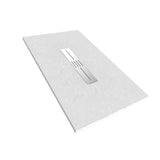 Rectangular white shower base with a drain on a white background