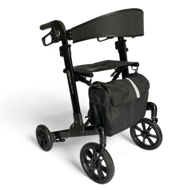 A black four-wheel rolling walker with a padded backrest, seat, and a matching black storage bag featuring a reflective silver stripe, shown on a white background.