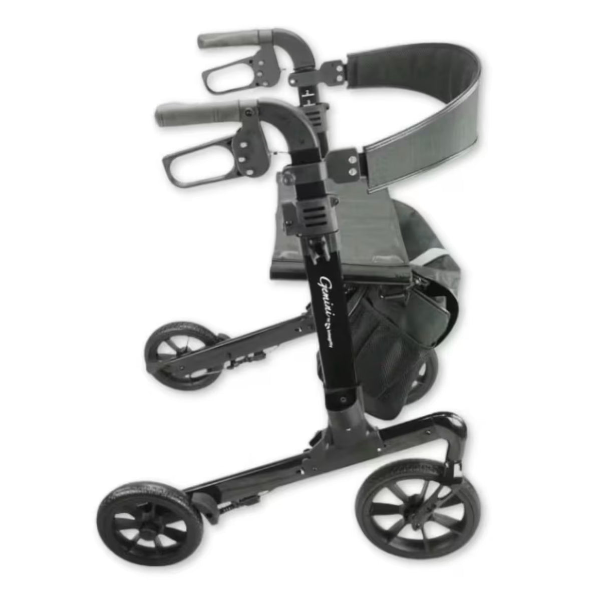 A black rollator walker with three wheels, featuring a padded seat, backrest, and handgrips, shown on a plain white background.