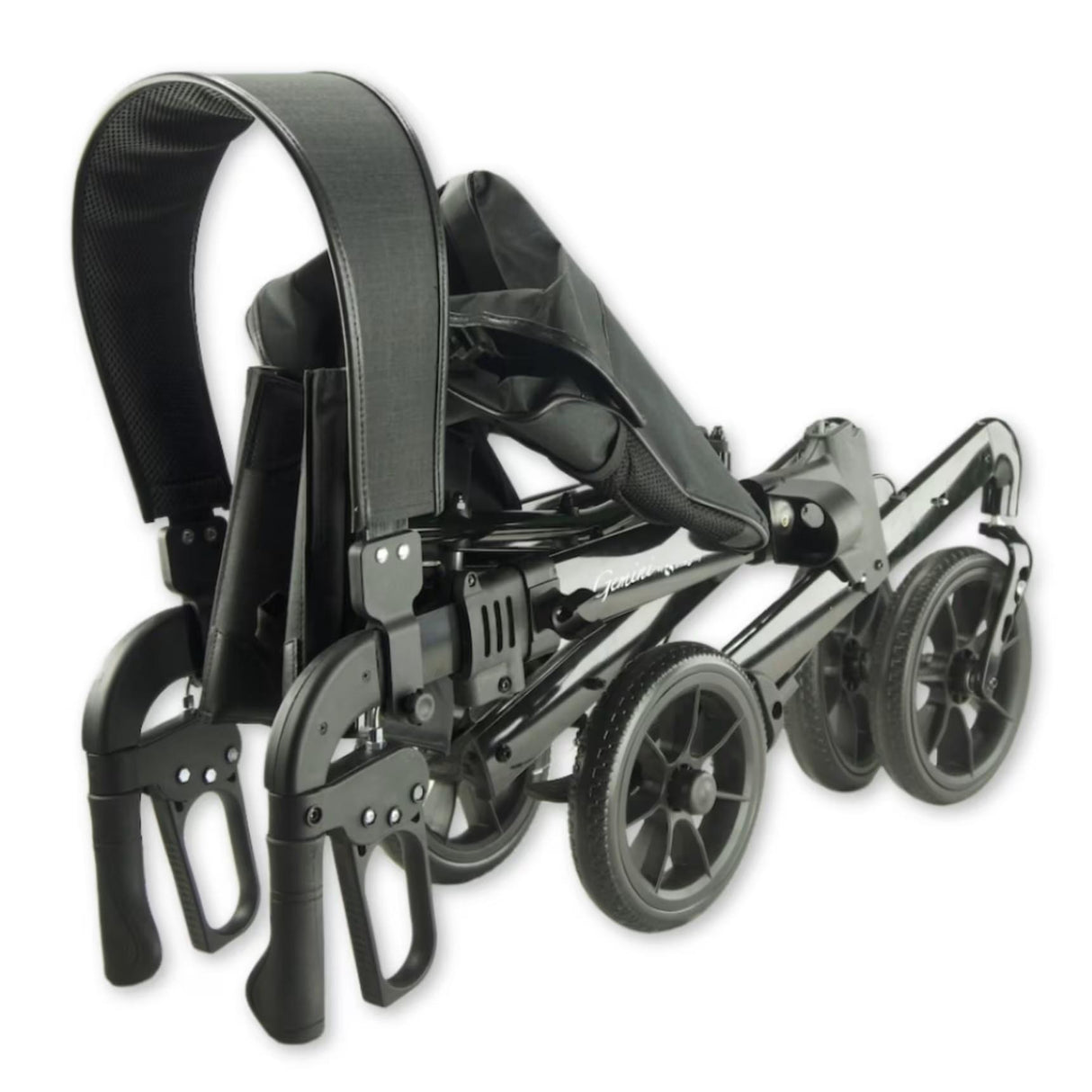 A black folding stroller shown in its folded position on a plain white background.