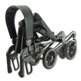 A black folding stroller shown in its folded position on a plain white background.