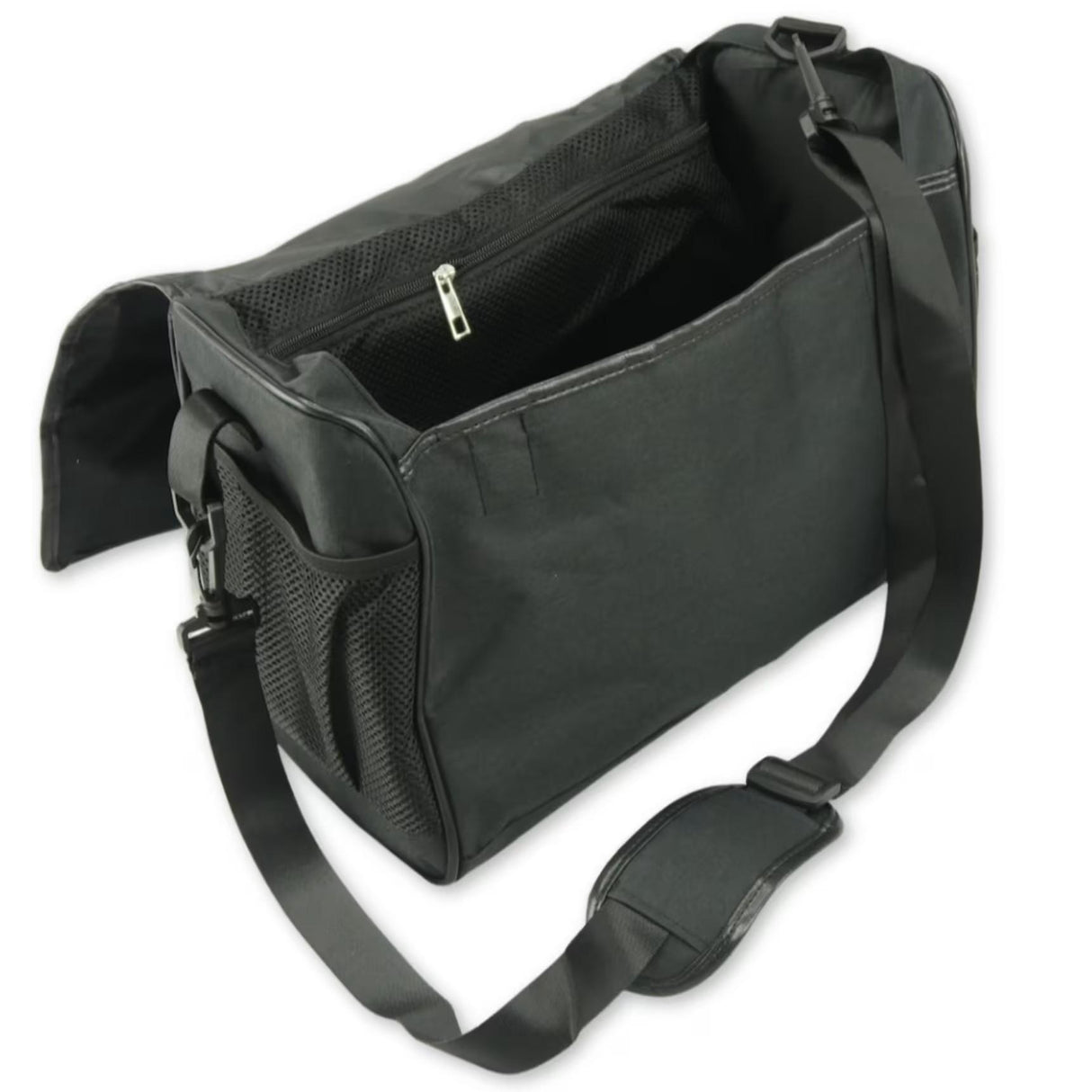 A black canvas bag with a zippered main compartment, mesh side pocket, and adjustable shoulder strap, shown on a plain white background.
