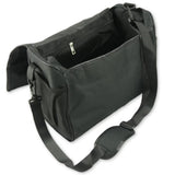 A black canvas bag with a zippered main compartment, mesh side pocket, and adjustable shoulder strap, shown on a plain white background.