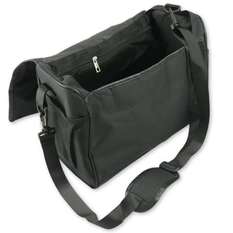 A black canvas bag with a zippered main compartment, mesh side pocket, and adjustable shoulder strap, shown on a plain white background.