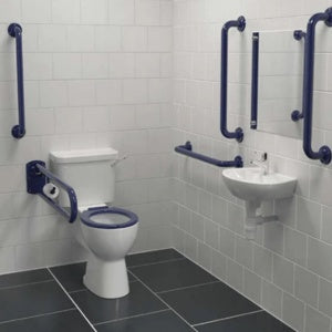 Accessibility features in a bathroom with grab bars and a toilet.