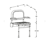 Black and white line drawing schematic of a shower chair with dimension annotations showing measurements of 610, 500, 390, and 410-650.