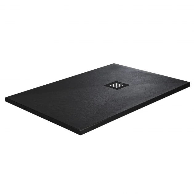 A rectangular black shower tray with a small square drain in the center, shown at an angle on a plain white background.
