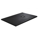 A rectangular black shower tray with a small square drain in the center, shown at an angle on a plain white background.
