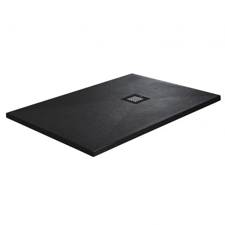A rectangular black shower tray with a small square drain in the center, shown at an angle on a plain white background.