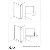 Technical installation diagram showing two line drawings of a shower door frame with dimension labels 1, 2, 3, red rotation arrows, and text stating the deflector panel cannot be retro-fitted. UKCA and CE marks appear at the bottom.
