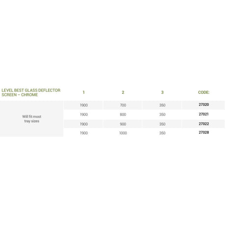 A size and fit reference table for a Level Best glass deflector screen in chrome, showing tray sizes 1, 2, 3, and code options against a white background.