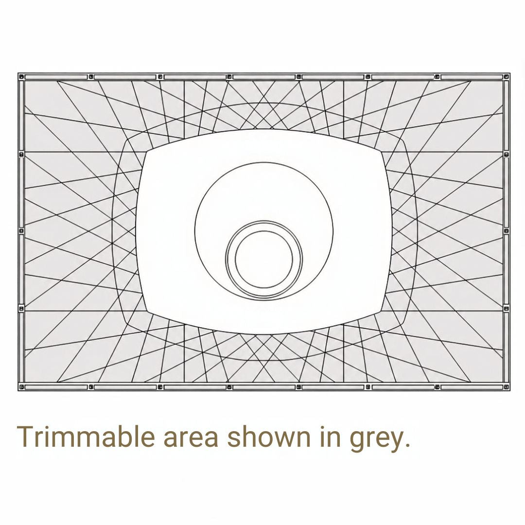 A technical line drawing of a rectangular wetroom floor former with a circular inset in the center, plus the text below reading 'Trimmable area shown in grey.' This is not a clean product photo and functions as an explanatory diagram, so subject_type is Instruction Diagram rather than Product/Packaging.