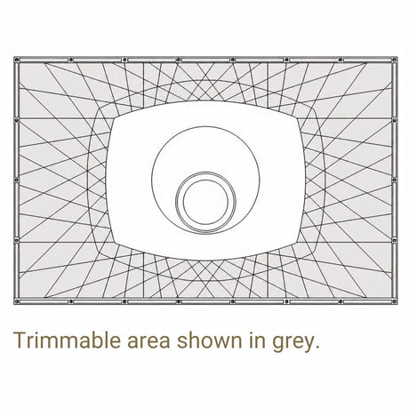 A technical line drawing of a rectangular wetroom floor former with a circular inset in the center, plus the text below reading 'Trimmable area shown in grey.' This is not a clean product photo and functions as an explanatory diagram, so subject_type is Instruction Diagram rather than Product/Packaging.