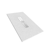 Rectangular white shower tray with a silver drain cover on a white background