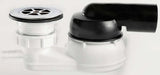 Close-up of a black and silver drain and faucet on a white background