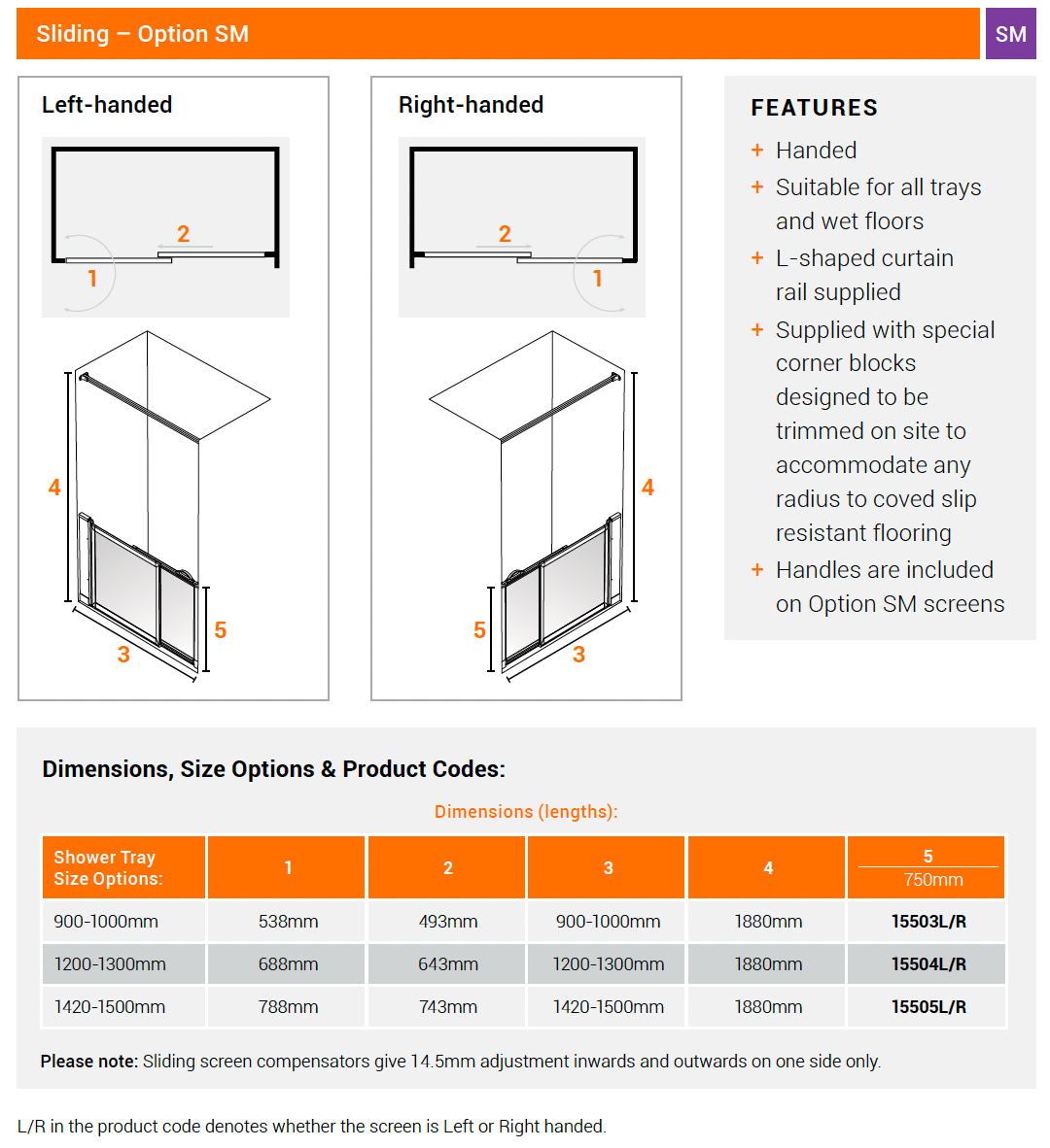 AKW Option SM Sliding Door Half Height Shower Screens 750mm Care Screens