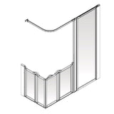 A technical line drawing of an L-shaped modular shower screen with a curved overhead bar, shown on a plain white background.