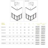 A product specification and assembly reference chart showing two corner shower screen diagrams labeled left-hand installed and right-hand installed, with dimension callouts and a tabular size/options list below.