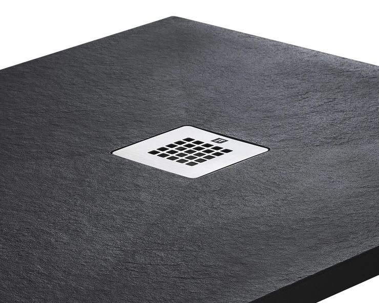 Gray shower tray with a central chrome drain cover on a white background