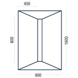 A simple line drawing of a rectangular shower deck with dimension labels and measurements: 450 at the top, 800 on the left, 1600 on the right, and 900 at the bottom, on a white background.