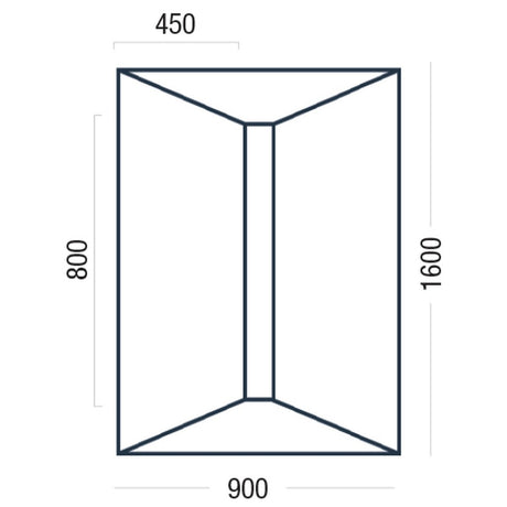 A simple line drawing of a rectangular shower deck with dimension labels and measurements: 450 at the top, 800 on the left, 1600 on the right, and 900 at the bottom, on a white background.