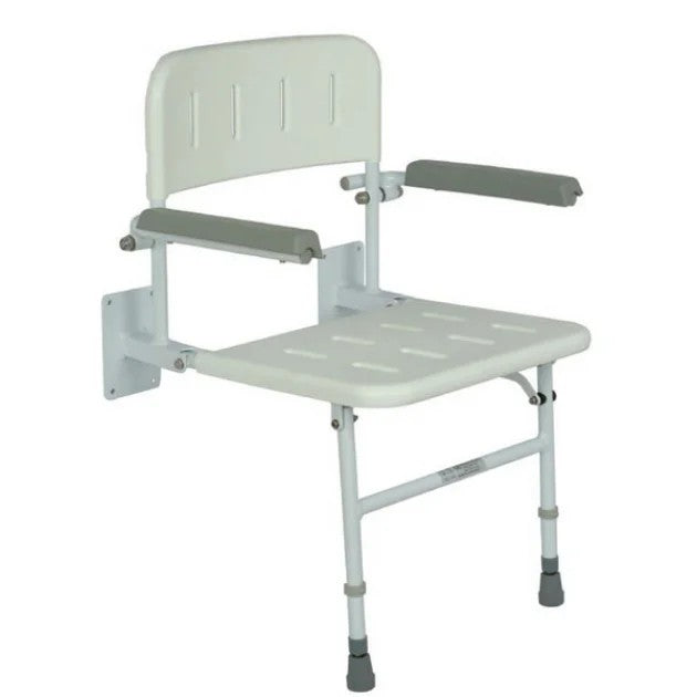 White shower chair with armrests on a white background