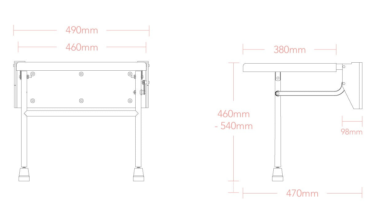 Technical drawing of a metal frame with dimensions labeled