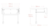 Technical drawing of a metal frame with dimensions labeled