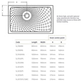 Dimensions for the Impey slimline shower tray including drain points