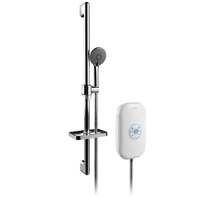 A modern wall-mounted shower system with a chrome slide bar, handheld shower head, flexible hose, and a separate white thermostatic control box on a plain white background.