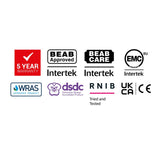 A grid of certification and approval logos on a white background, including 5 Year Warranty, BEAB Approved, BEAB Care, EMC Europe, WRAS Approved Product, dsdc Gemma's Design Accredited Product, RNIB Tried and Tested, UKCA CE, and Intertek.