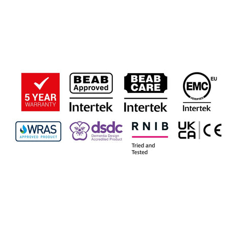 A grid of certification and approval logos on a white background, including 5 Year Warranty, BEAB Approved, BEAB Care, EMC Europe, WRAS Approved Product, dsdc Gemma's Design Accredited Product, RNIB Tried and Tested, UKCA CE, and Intertek.