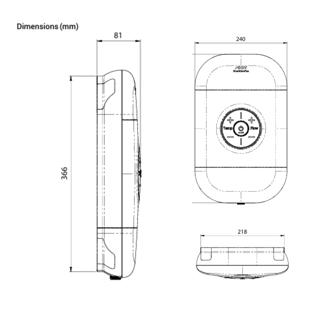 Technical dimension drawing of a round electric shower shown from three angles: side profile, top view, and front view. The image displays measurements in millimeters (366, 240, 218, 81) with the brand name 'AKW' printed on the top surface.