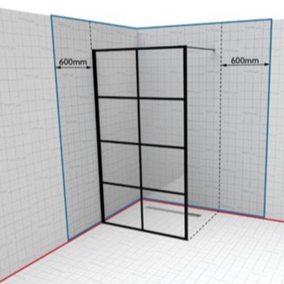 Black-framed glass shower door with dimensions on a grid background