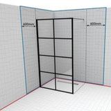 Black-framed glass shower door with dimensions on a grid background