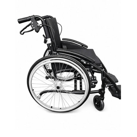 side view of black wheelchair on white background