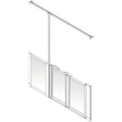 A white line-art technical diagram showing a half height shower screen with a top rail and three lower panels, isolated on a light gray background.