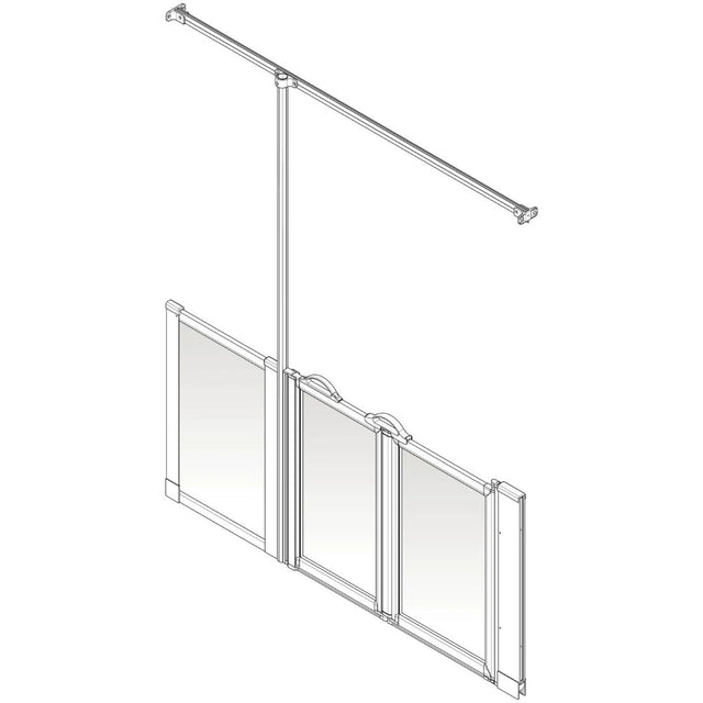 A white line-art technical diagram showing a half height shower screen with a top rail and three lower panels, isolated on a light gray background.