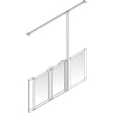 A white line-art technical diagram showing a half height shower door frame assembly with a top support bar and three glass panels, isolated on a white background.