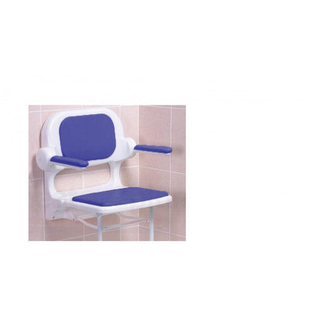 AKW Series 2000 Standard Padded Fold-Up Shower Seat with Back & Arms Grey/Blue - Adaptation Supplies